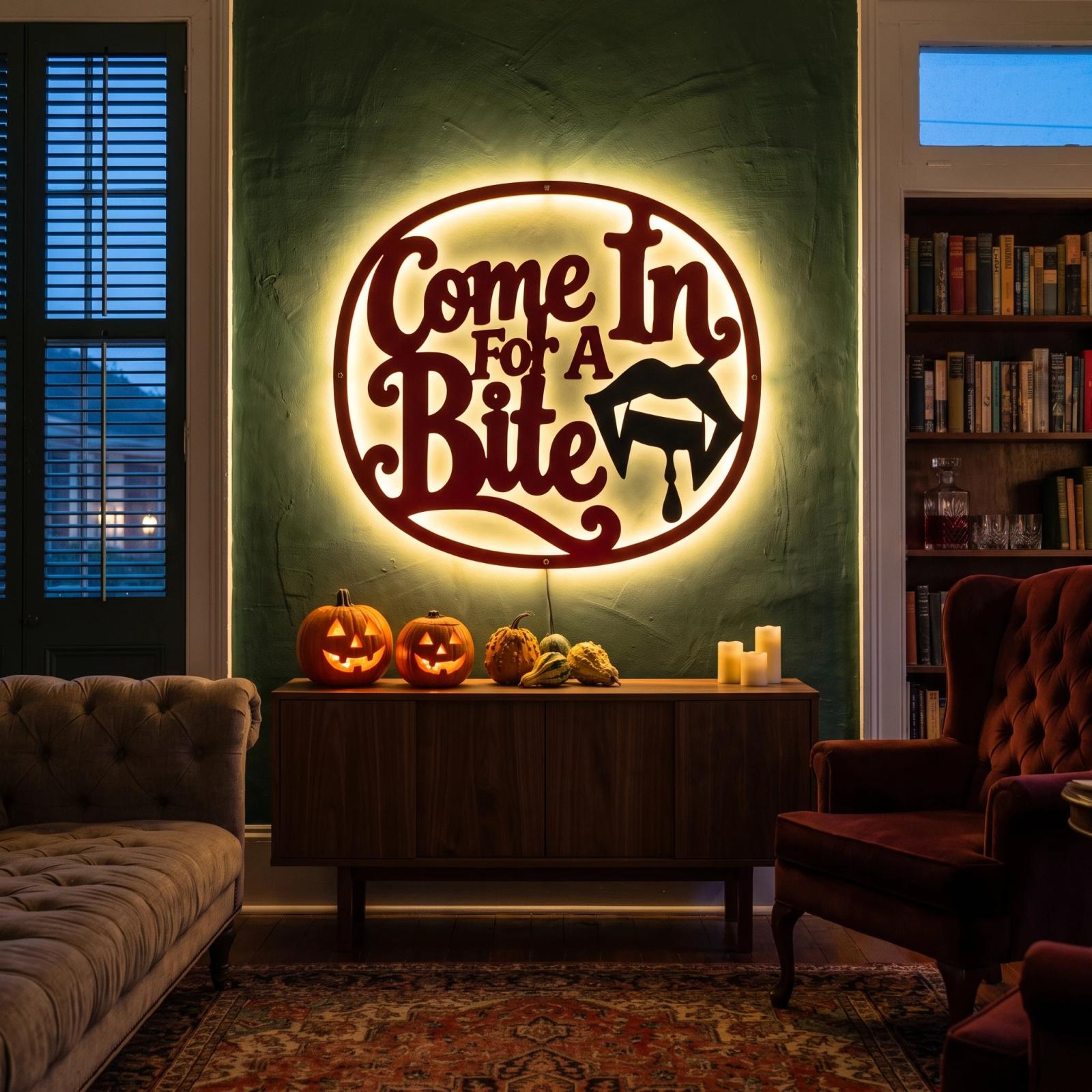 Come In For A Bite Vampire Halloween LED Metal Wall Art – Velvet Fang, Entryway Decor