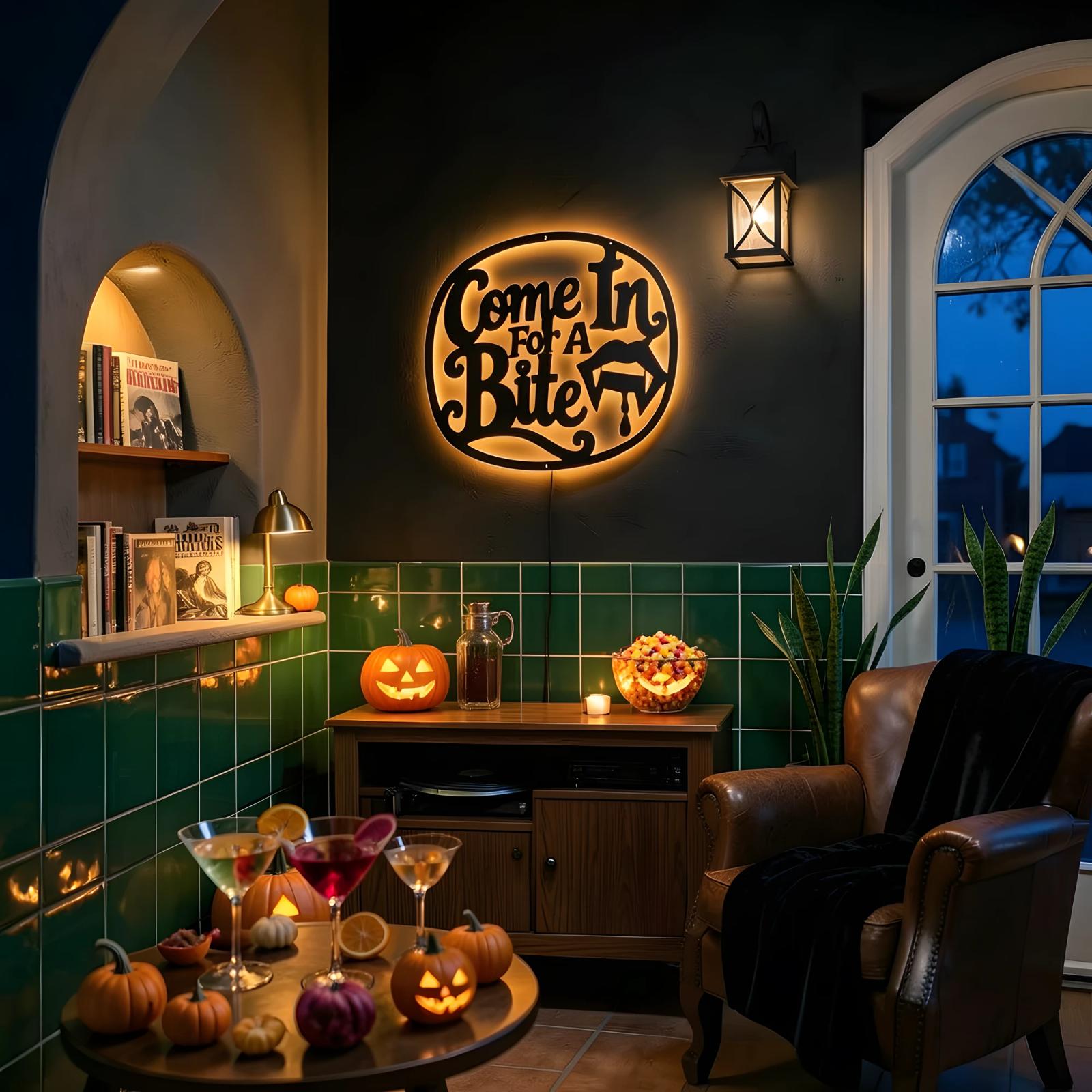 Come In For A Bite Vampire Halloween LED Metal Wall Art – Velvet Fang, Entryway Decor — 9