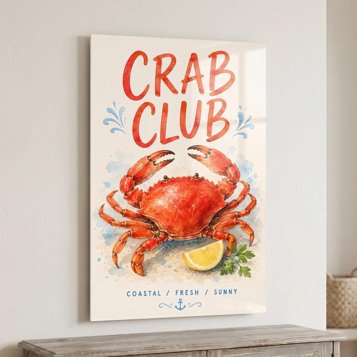 Coastal Crab Seafood Watercolor Kitchen Nautical | Tempered Glass Wall Art