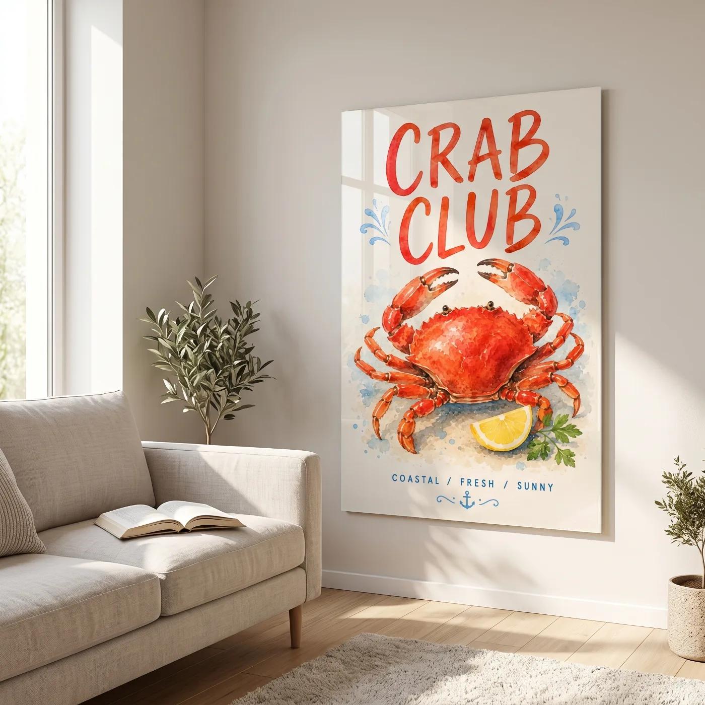 Coastal Crab Seafood Watercolor Kitchen Nautical | Tempered Glass Wall Art — 2