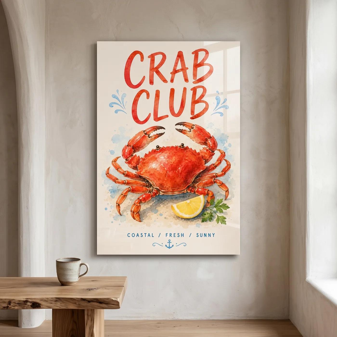 Coastal Crab Seafood Watercolor Kitchen Nautical | Tempered Glass Wall Art — 3