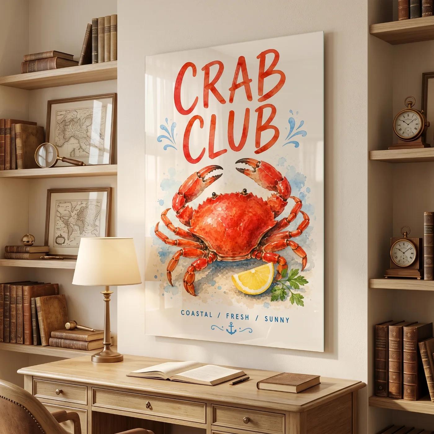 Coastal Crab Seafood Watercolor Kitchen Nautical | Tempered Glass Wall Art — 4