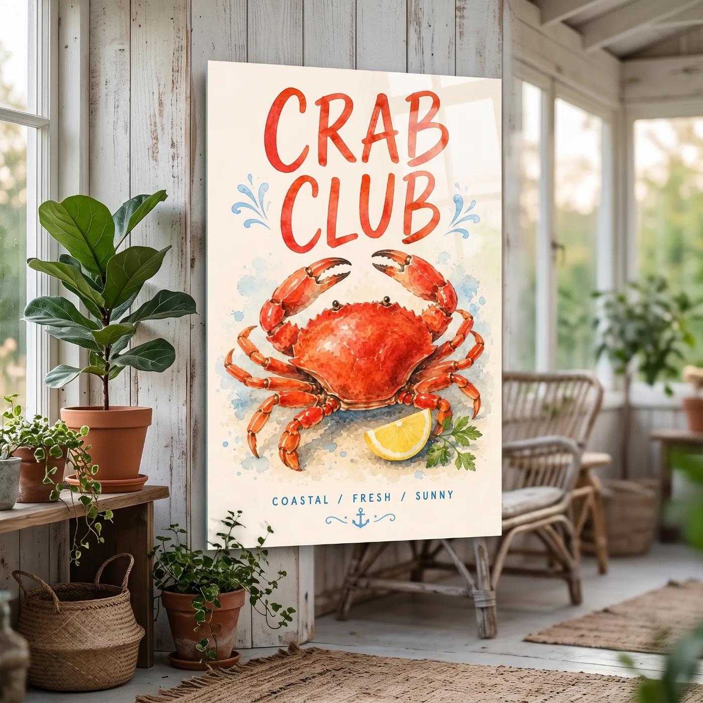 Coastal Crab Seafood Watercolor Kitchen Nautical | Tempered Glass Wall Art — 5