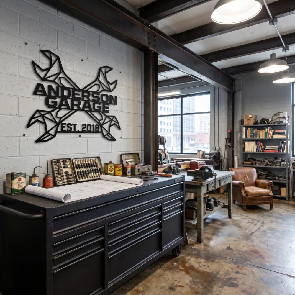 Geometric Crossed Wrenches Metal Wall Art – Custom Garage Sign, Industrial Auto Shop Decor — 8