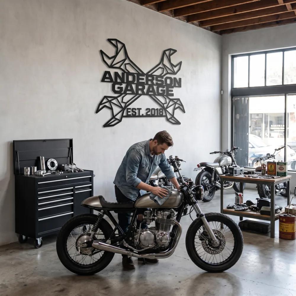 Geometric Crossed Wrenches Metal Wall Art – Custom Garage Sign, Industrial Auto Shop Decor