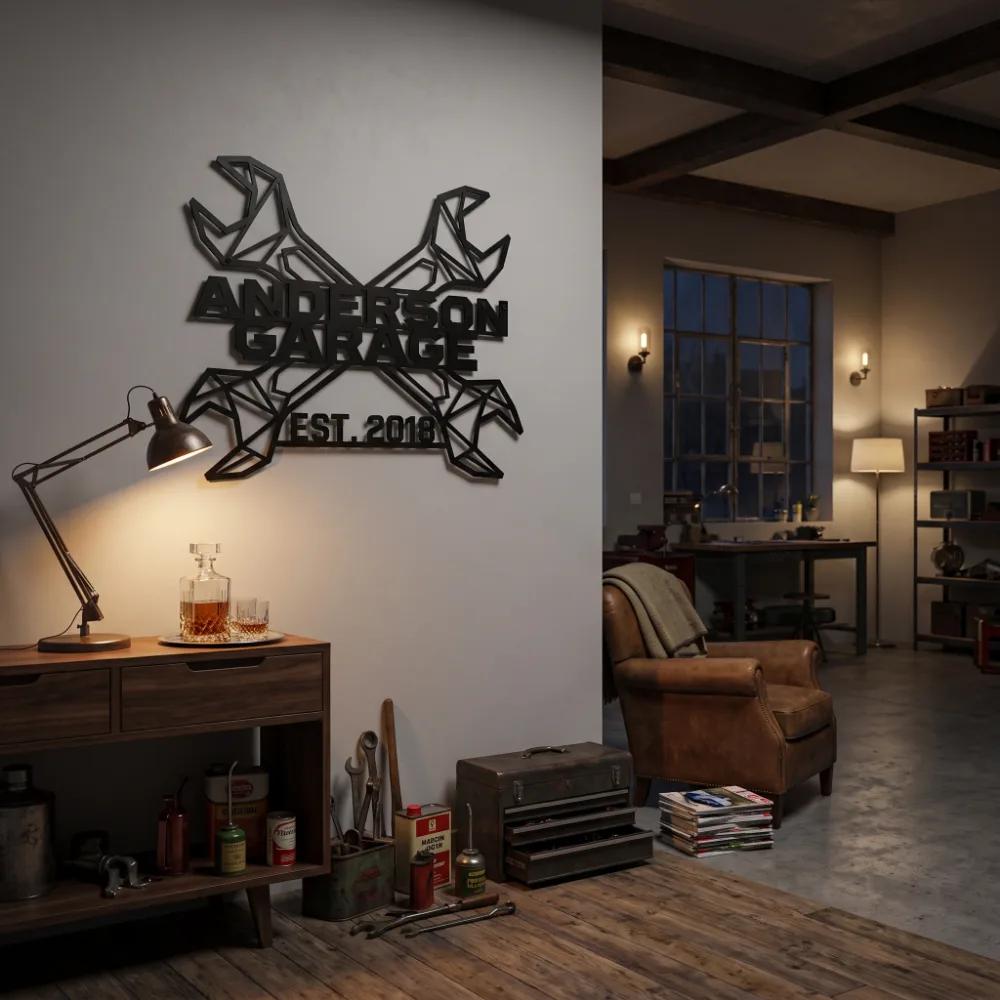 Geometric Crossed Wrenches Metal Wall Art – Custom Garage Sign, Industrial Auto Shop Decor — 6