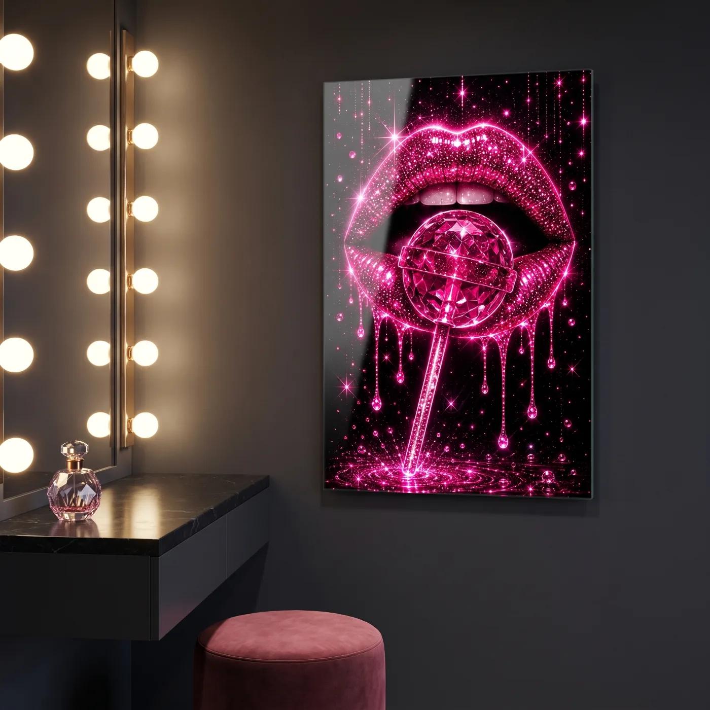 Glitter Lips Neon Pink Wall Art | Tempered Glass Print — 2