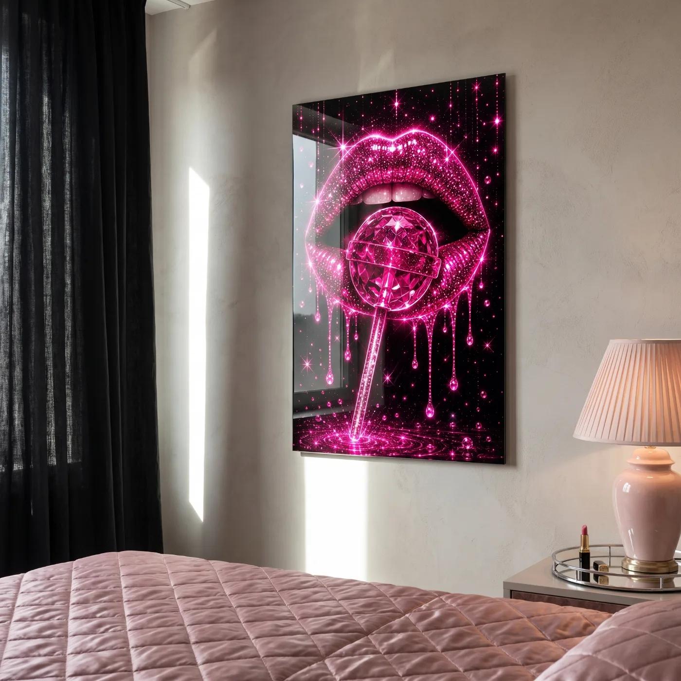 Glitter Lips Neon Pink Wall Art | Tempered Glass Print