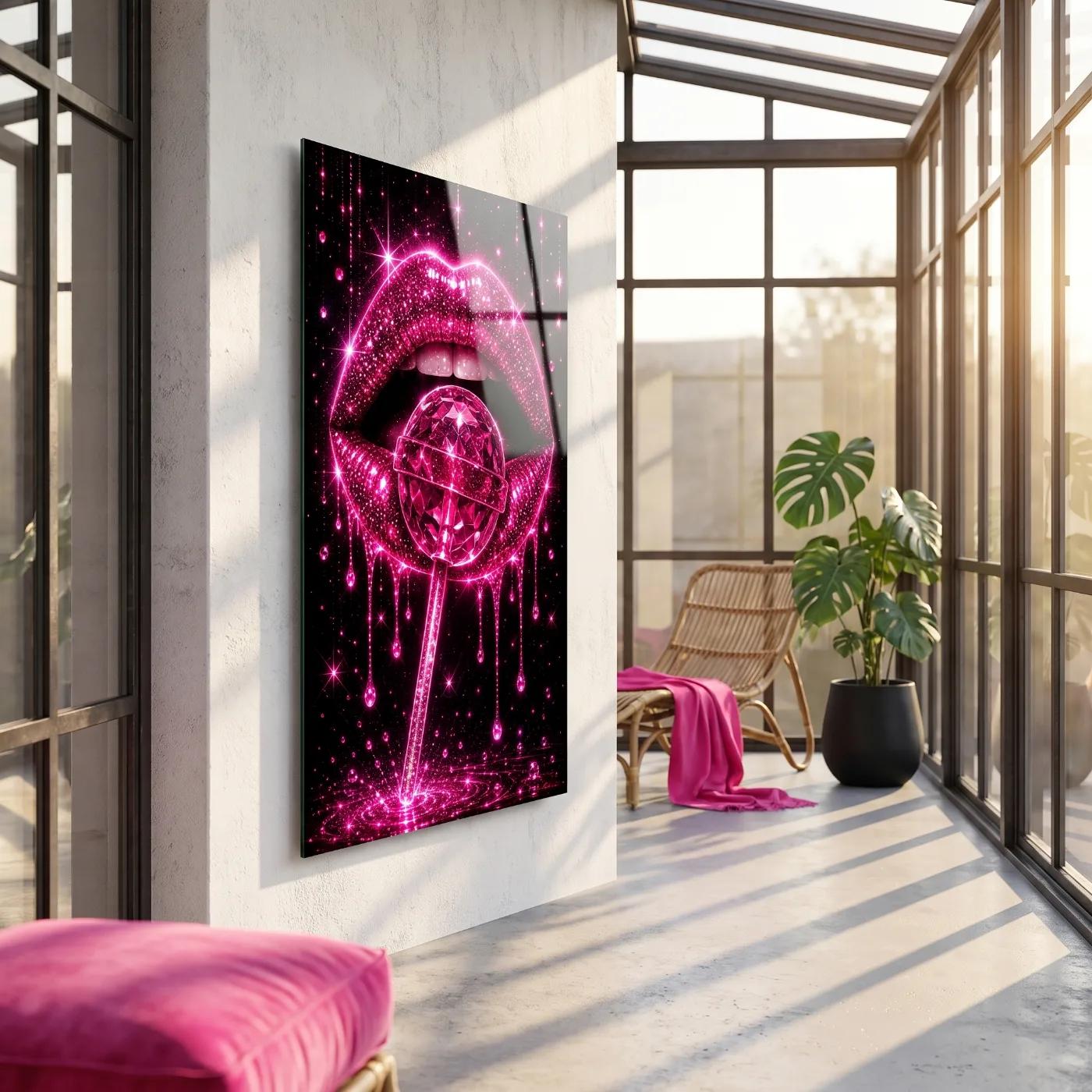 Glitter Lips Neon Pink Wall Art | Tempered Glass Print — 5