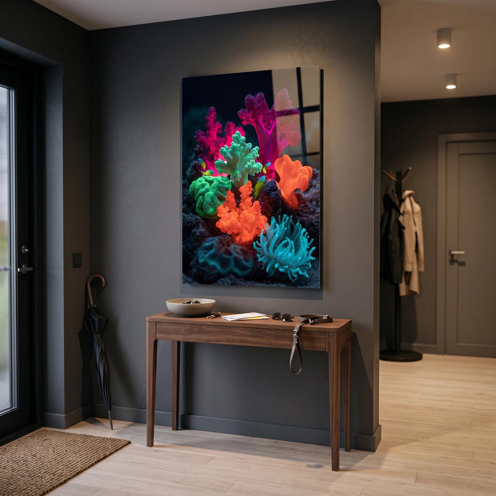 Coral Reef Glass Wall Art Neon Underwater Tempered Glass Print