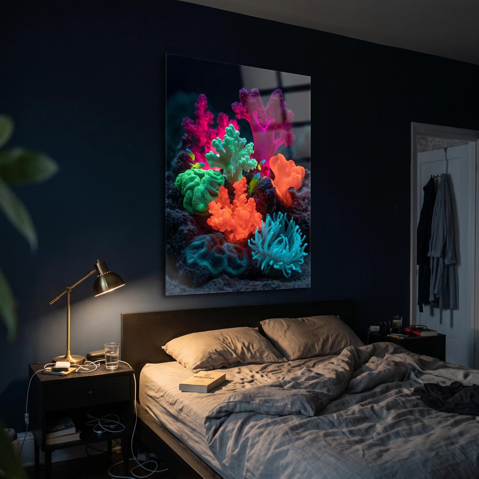 Coral Reef Glass Wall Art Neon Underwater Tempered Glass Print — 2