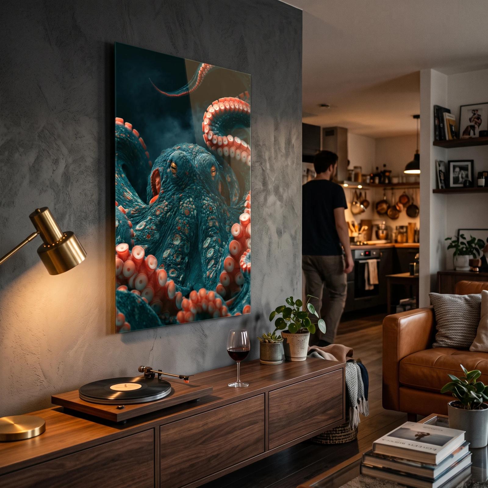 Octopus Glass Wall Art Deep Sea Teal Portrait | Glass Wall Art