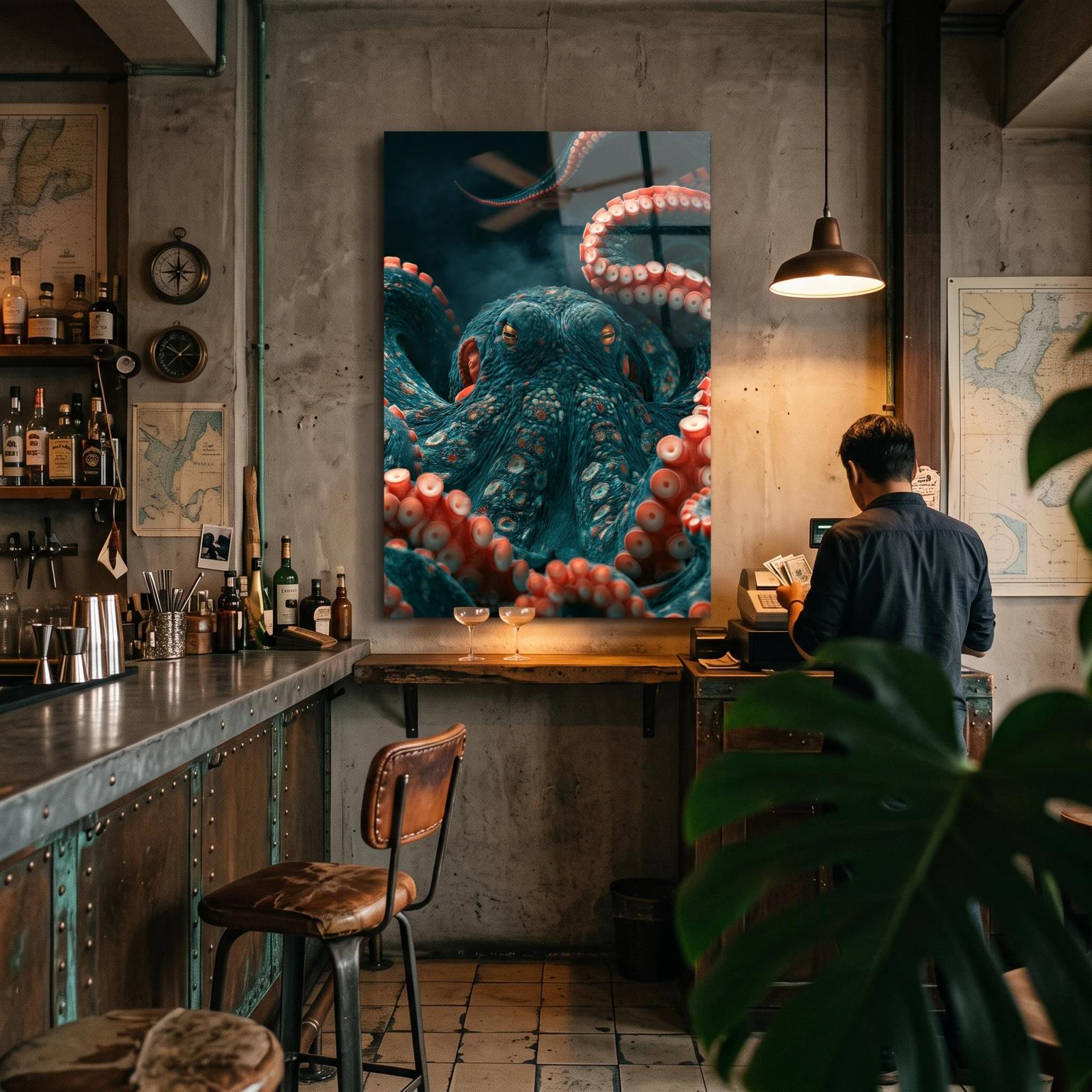 Octopus Glass Wall Art Deep Sea Teal Portrait | Glass Wall Art — 2