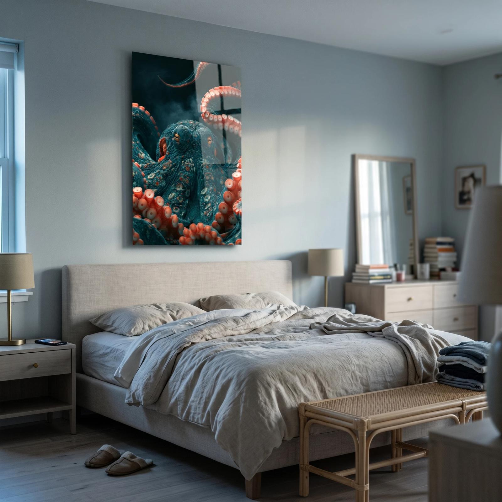Octopus Glass Wall Art Deep Sea Teal Portrait | Glass Wall Art — 3
