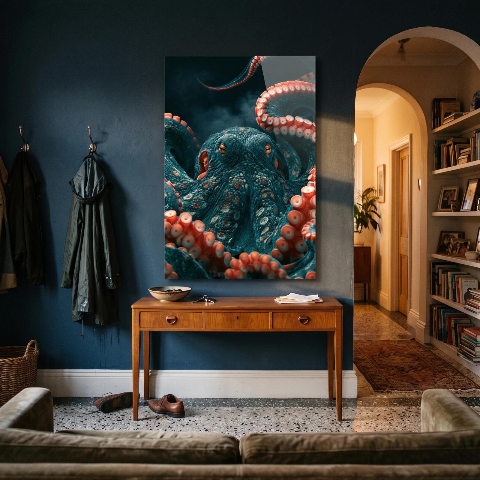 Octopus Glass Wall Art Deep Sea Teal Portrait | Glass Wall Art — 5