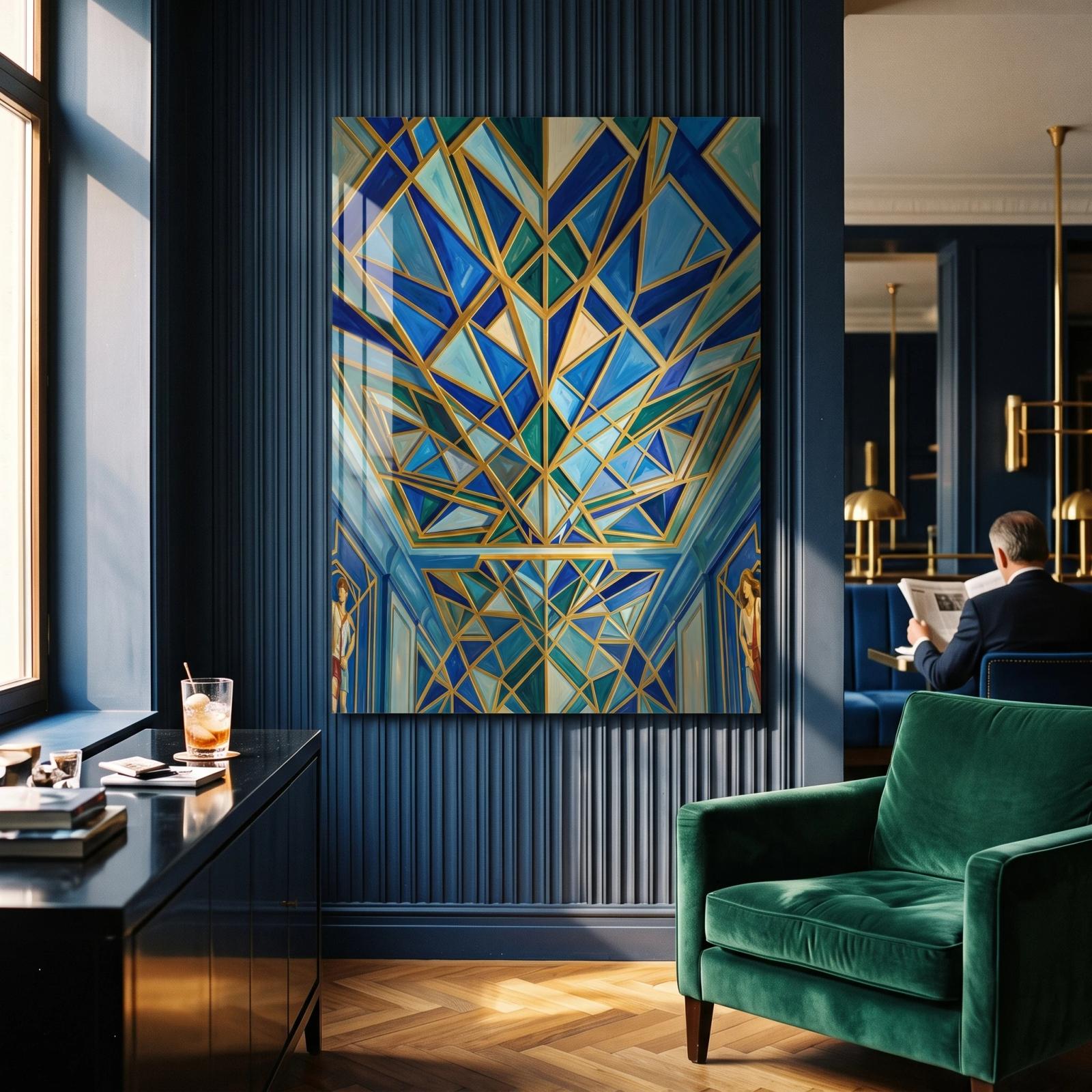 Art Deco Geometric Blue Gold Ceiling Glass Wall Art