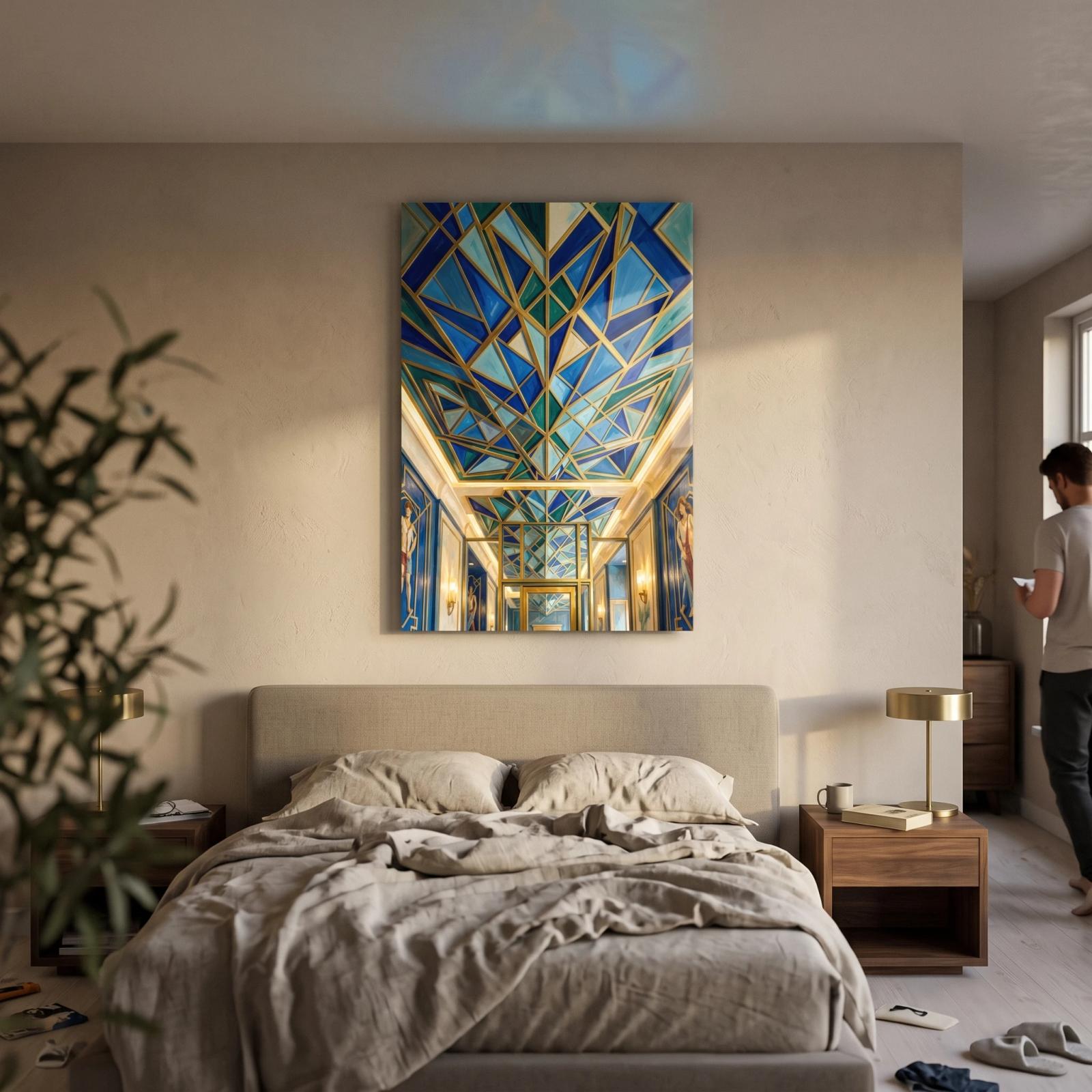 Art Deco Geometric Blue Gold Ceiling Glass Wall Art — 2