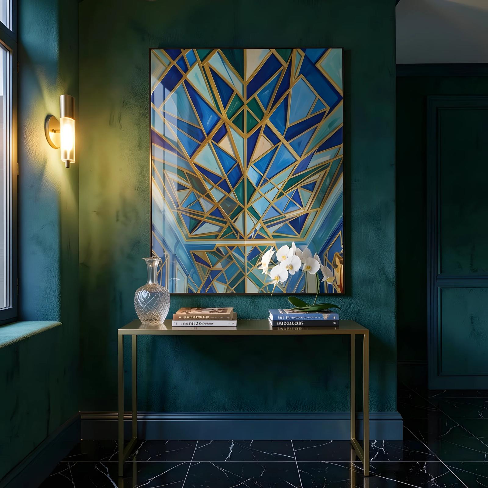 Art Deco Geometric Blue Gold Ceiling Glass Wall Art — 4