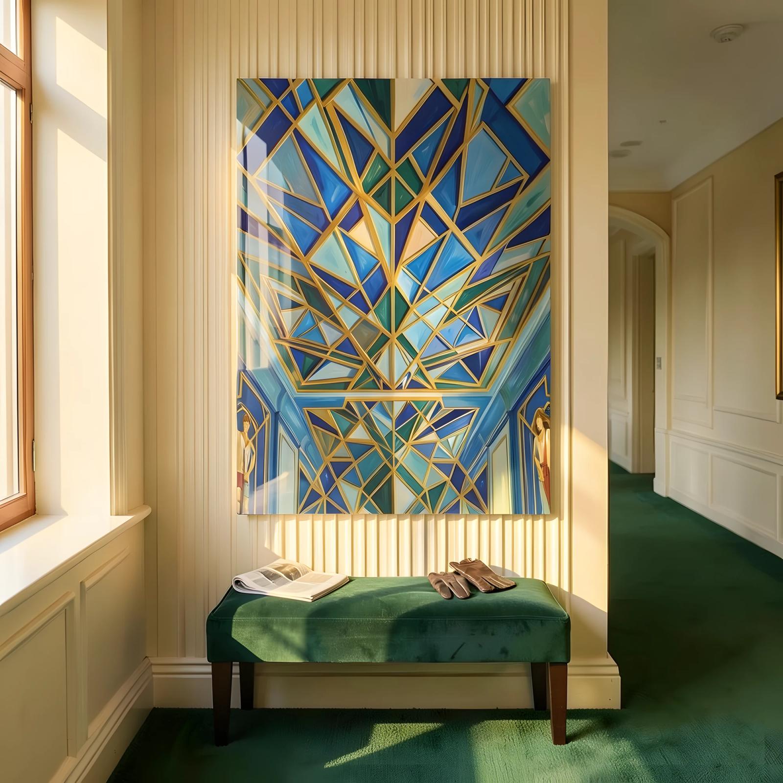 Art Deco Geometric Blue Gold Ceiling Glass Wall Art — 5