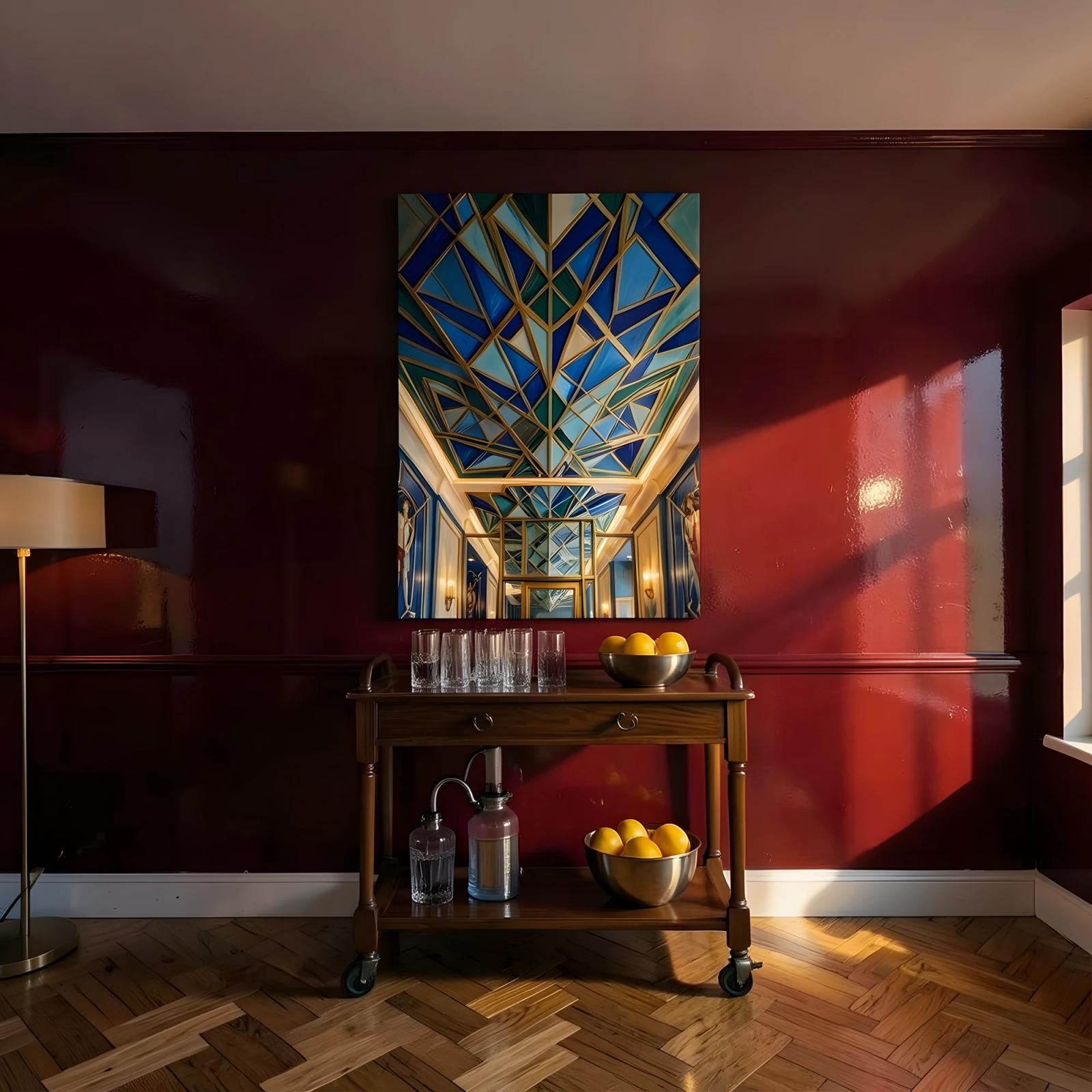 Art Deco Geometric Blue Gold Ceiling Glass Wall Art — 6