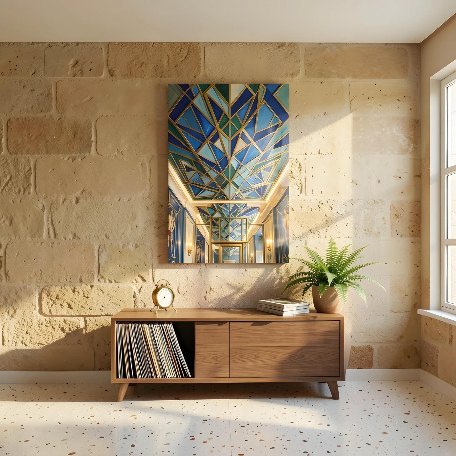 Art Deco Geometric Blue Gold Ceiling Glass Wall Art — 7