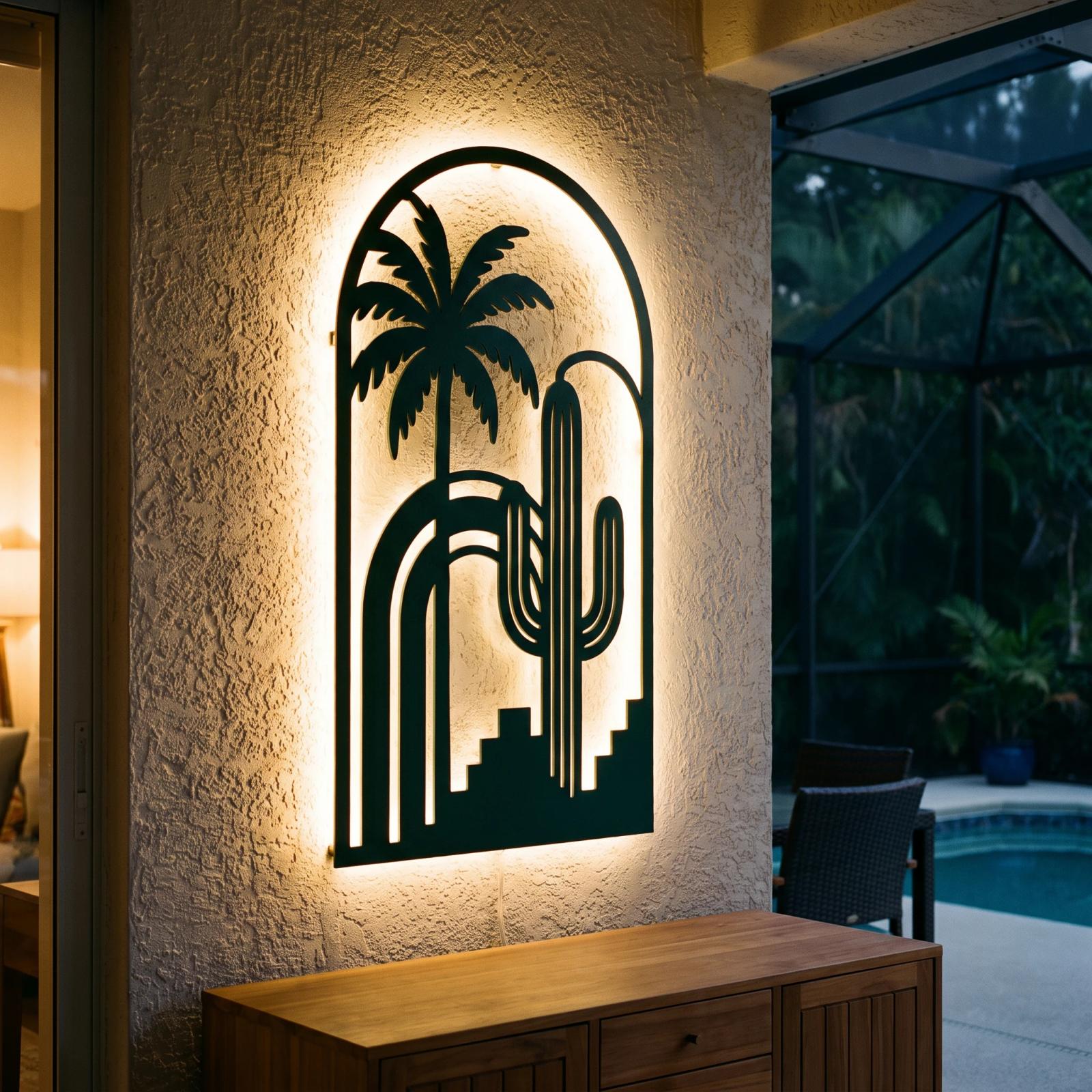 Palm and Cactus LED Metal Wall Art – Desert Mirage, Southwest Living Room Decor — 3