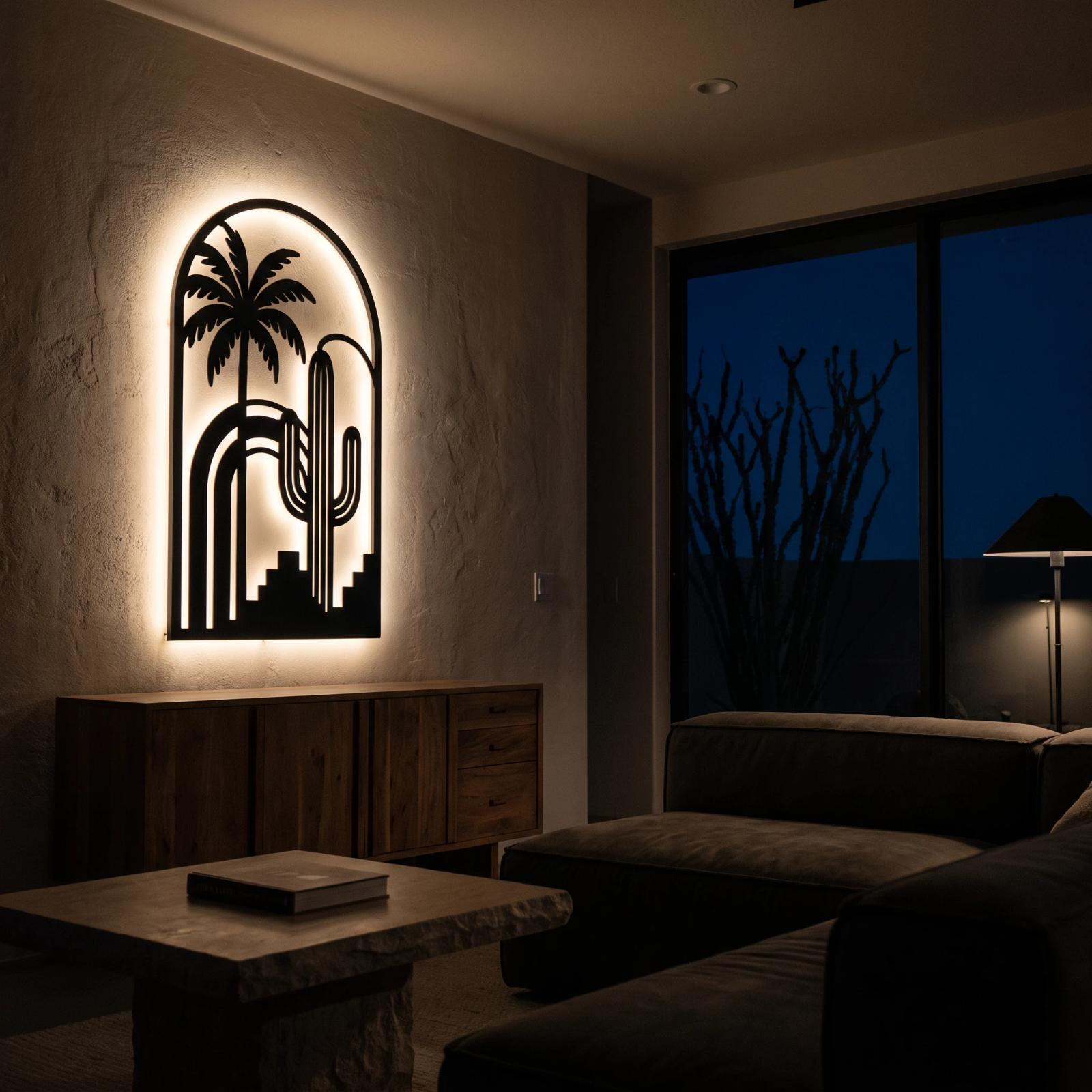 Palm and Cactus LED Metal Wall Art – Desert Mirage, Southwest Living Room Decor — 4