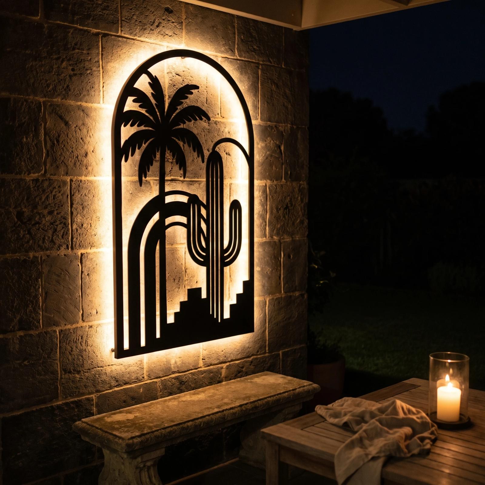 Palm and Cactus LED Metal Wall Art – Desert Mirage, Southwest Living Room Decor — 5