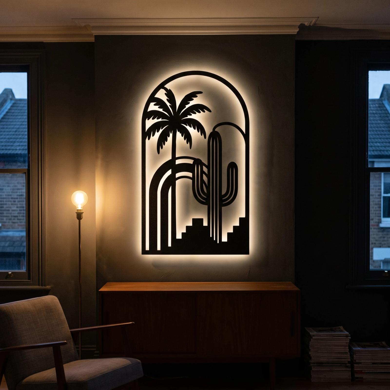 Palm and Cactus LED Metal Wall Art – Desert Mirage, Southwest Living Room Decor — 6
