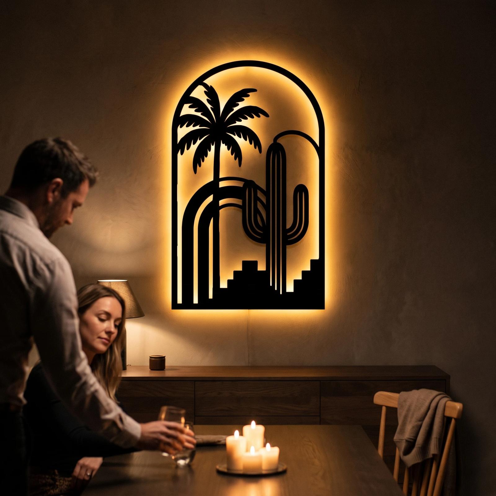 Palm and Cactus LED Metal Wall Art – Desert Mirage, Southwest Living Room Decor — 7