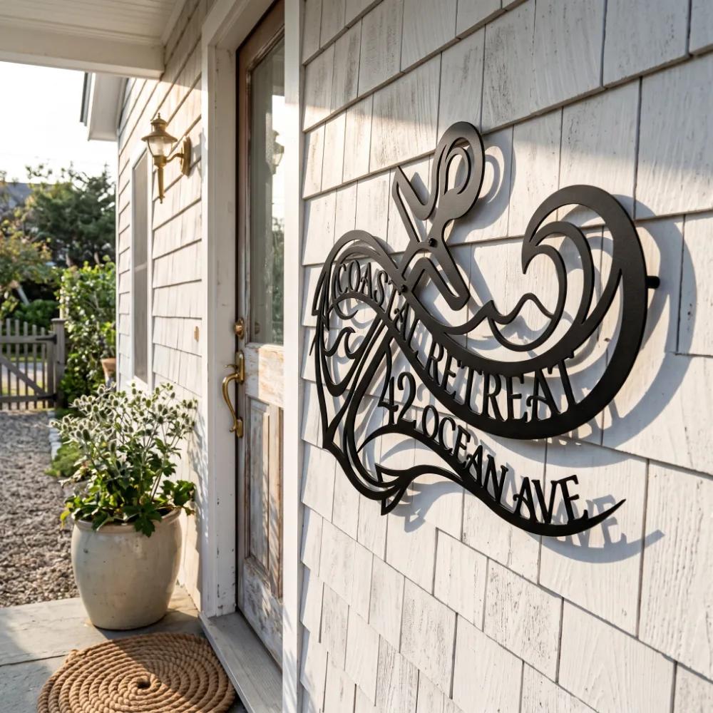 Coastal Anchor Metal Address Sign – Ocean Arrival, Beach House Facade Decor — 7
