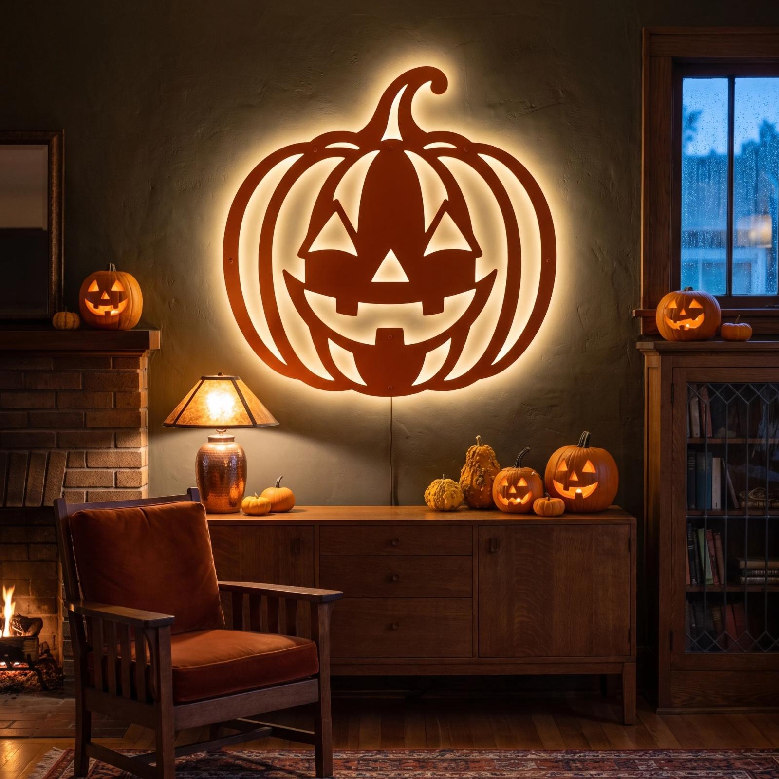 Jack O Lantern Halloween LED Metal Wall Art – Hollow Beacon, Porch & Living Room Decor
