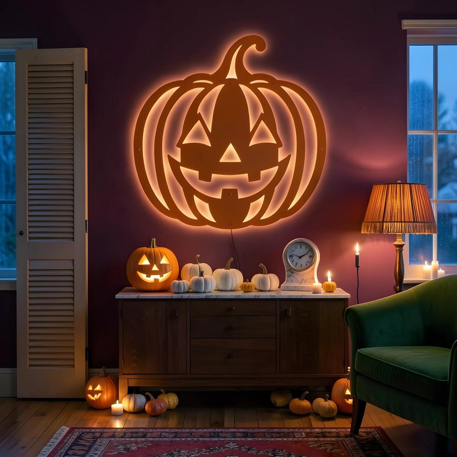Jack O Lantern Halloween LED Metal Wall Art – Hollow Beacon, Porch & Living Room Decor — 5