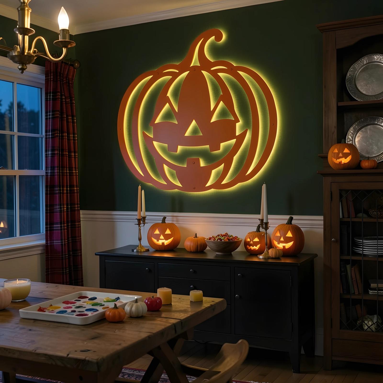 Jack O Lantern Halloween LED Metal Wall Art – Hollow Beacon, Porch & Living Room Decor — 8