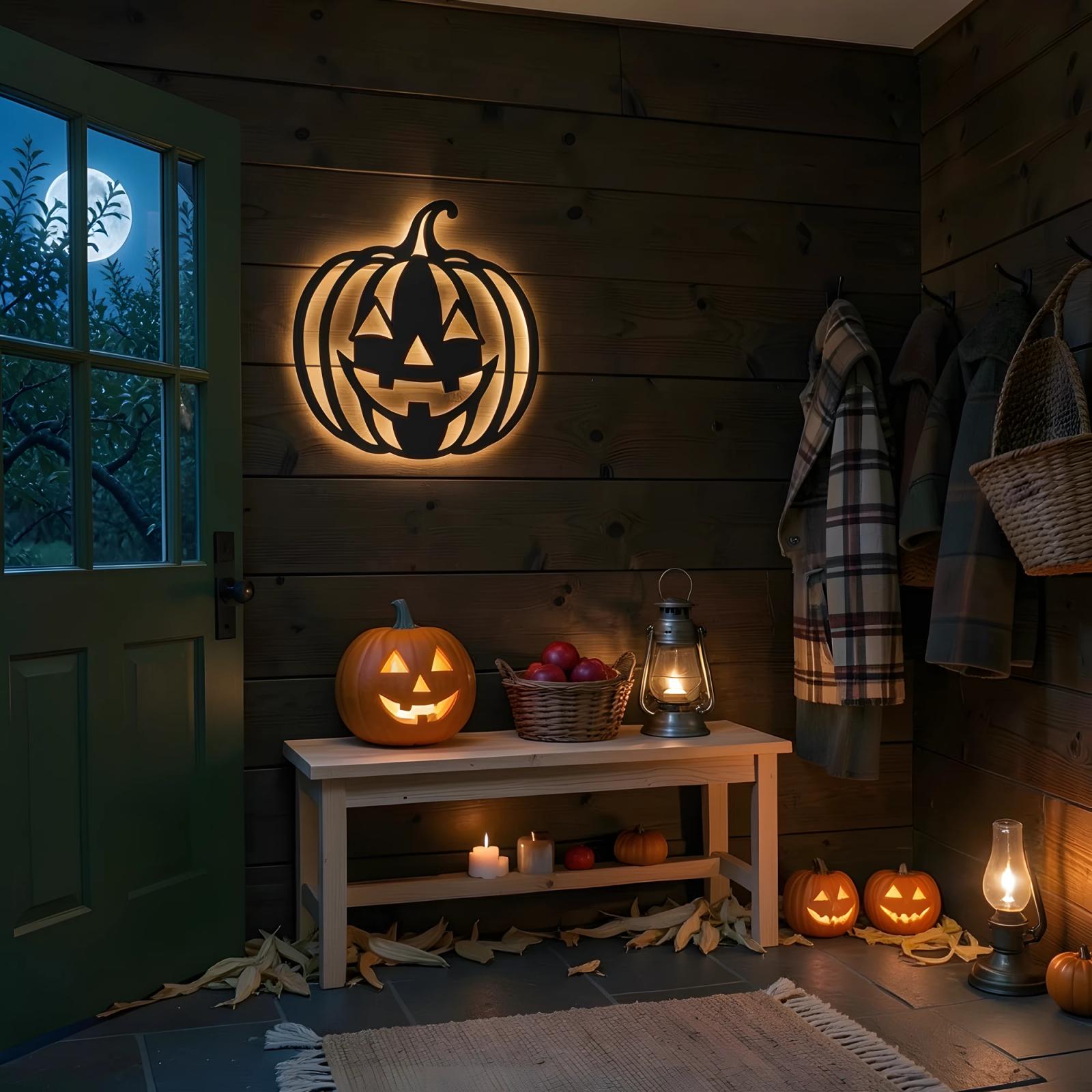 Jack O Lantern Halloween LED Metal Wall Art – Hollow Beacon, Porch & Living Room Decor — 9