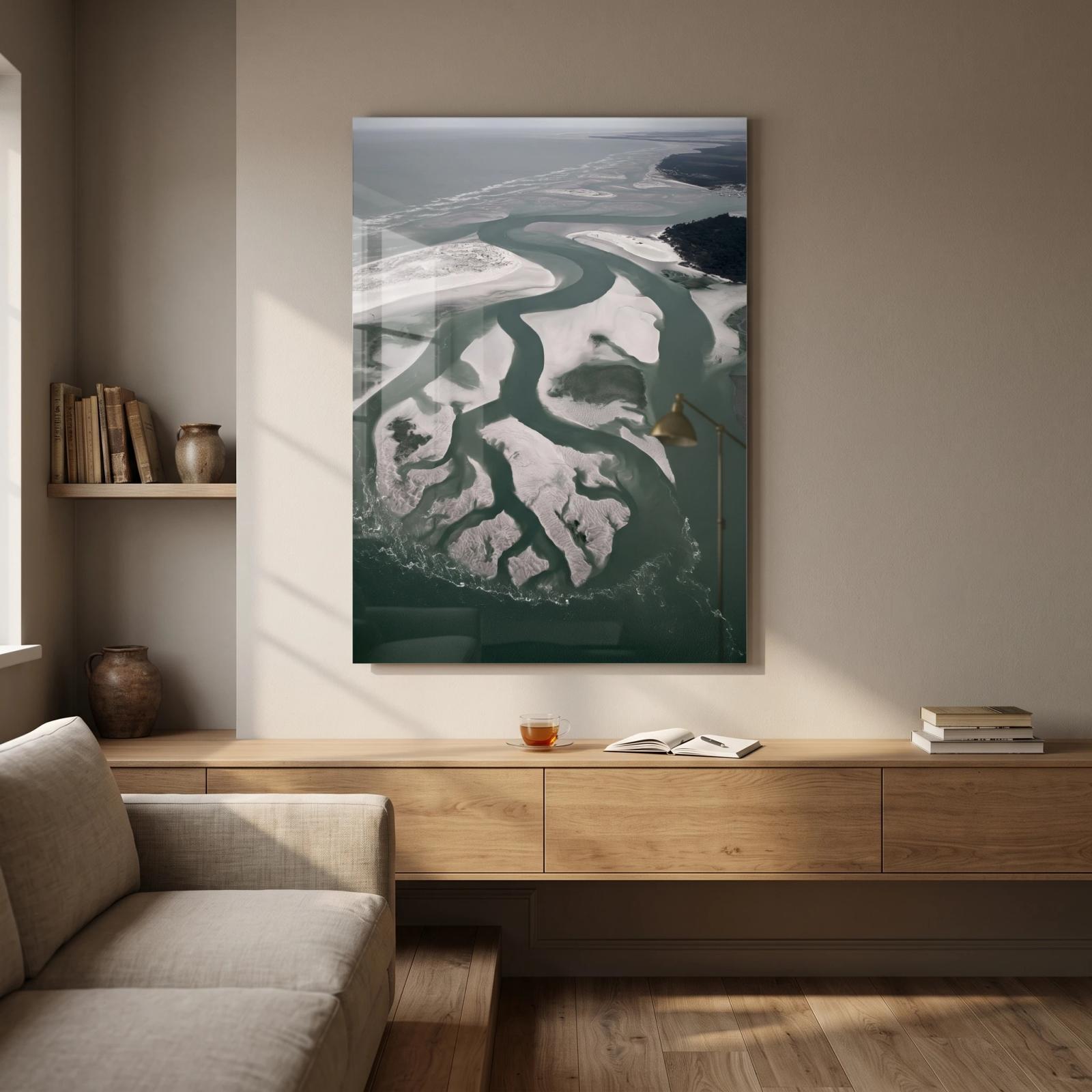 Aerial Estuary Tidal Sandbar Coastal Glass Wall Art
