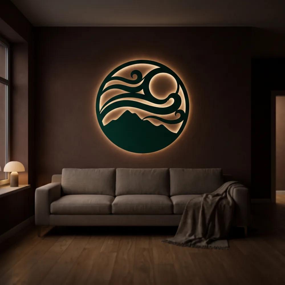 LED Mountain Wave Metal Wall Art – Tidal Summit, Backlit Living Room Decor