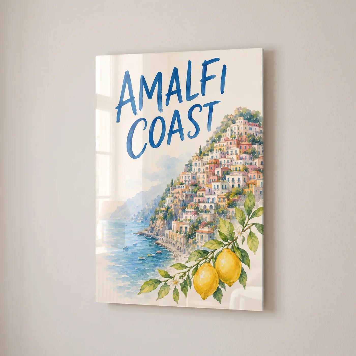 Amalfi Coast Watercolor Italian Coastal Glass Wall Art