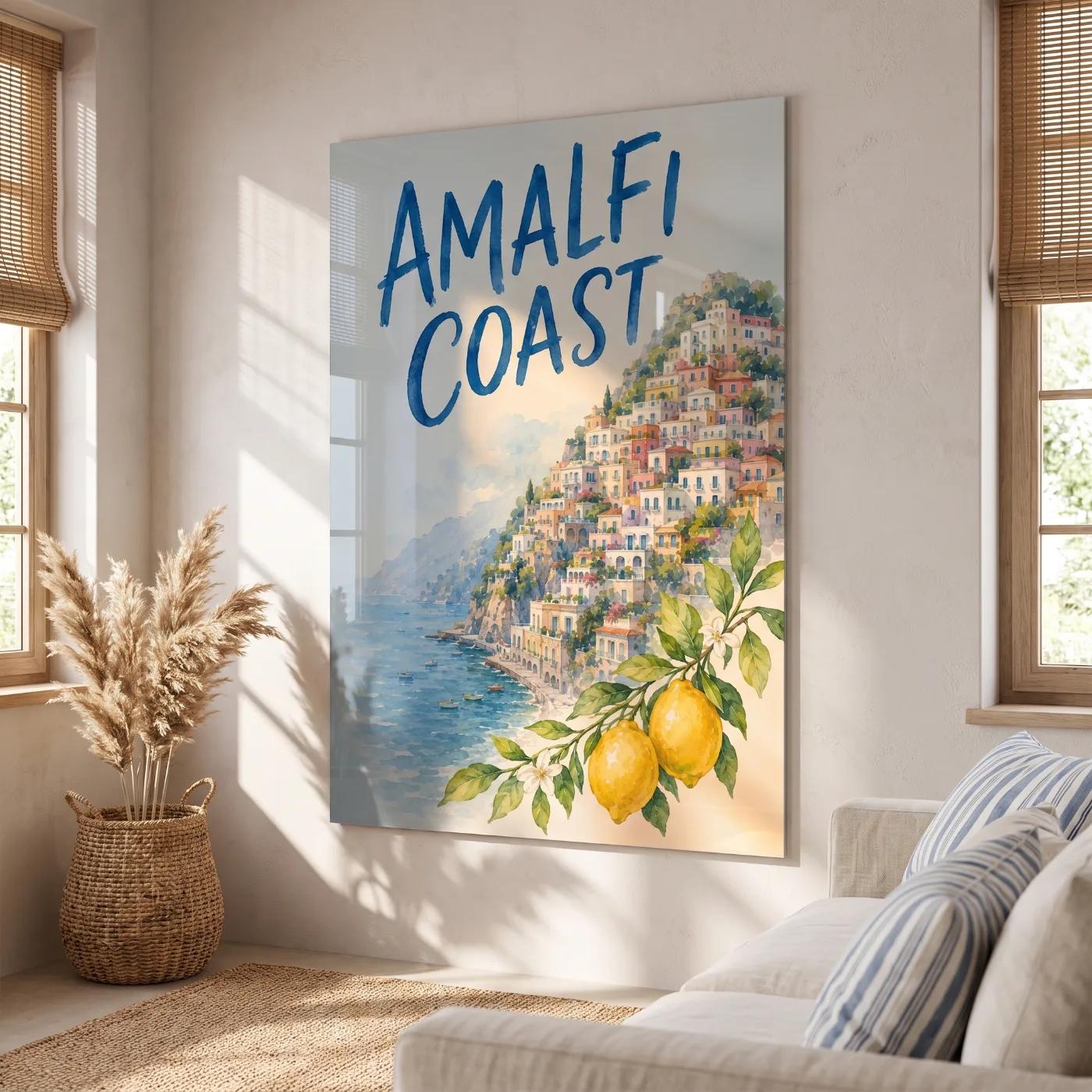Amalfi Coast Watercolor Italian Coastal Glass Wall Art — 3