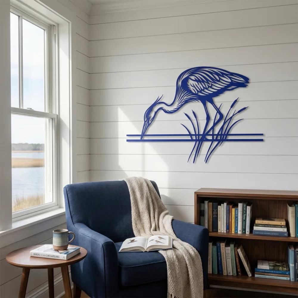 Great Blue Heron Metal Wall Art – Marsh Sentinel, Coastal Living Room Decor — 8