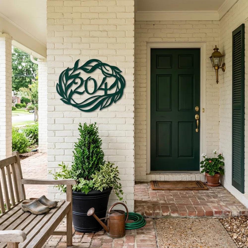Botanical House Number Metal Art – Floral Address, Cabin Porch Decor