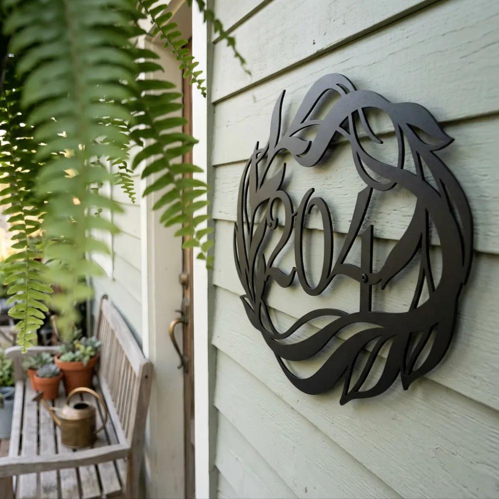 Botanical House Number Metal Art – Floral Address, Cabin Porch Decor — 7