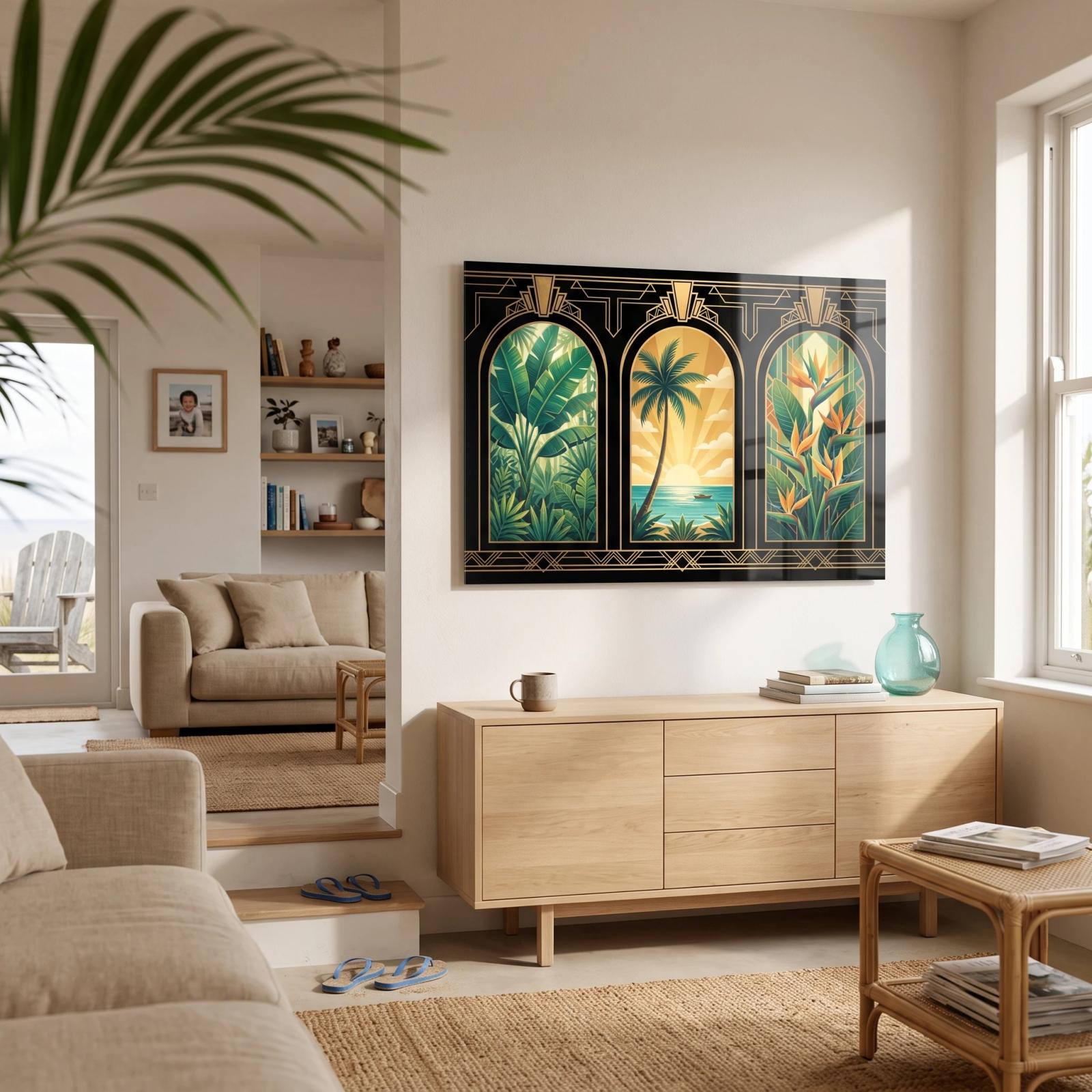 Art Deco Tropical Glass Wall Art Palm Sunrise Triptych | Glass Wall Art — 2