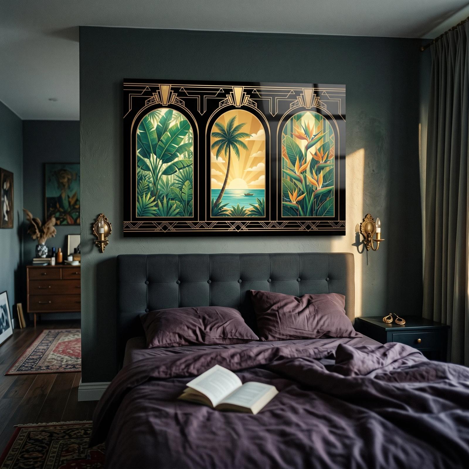 Art Deco Tropical Glass Wall Art Palm Sunrise Triptych | Glass Wall Art — 3