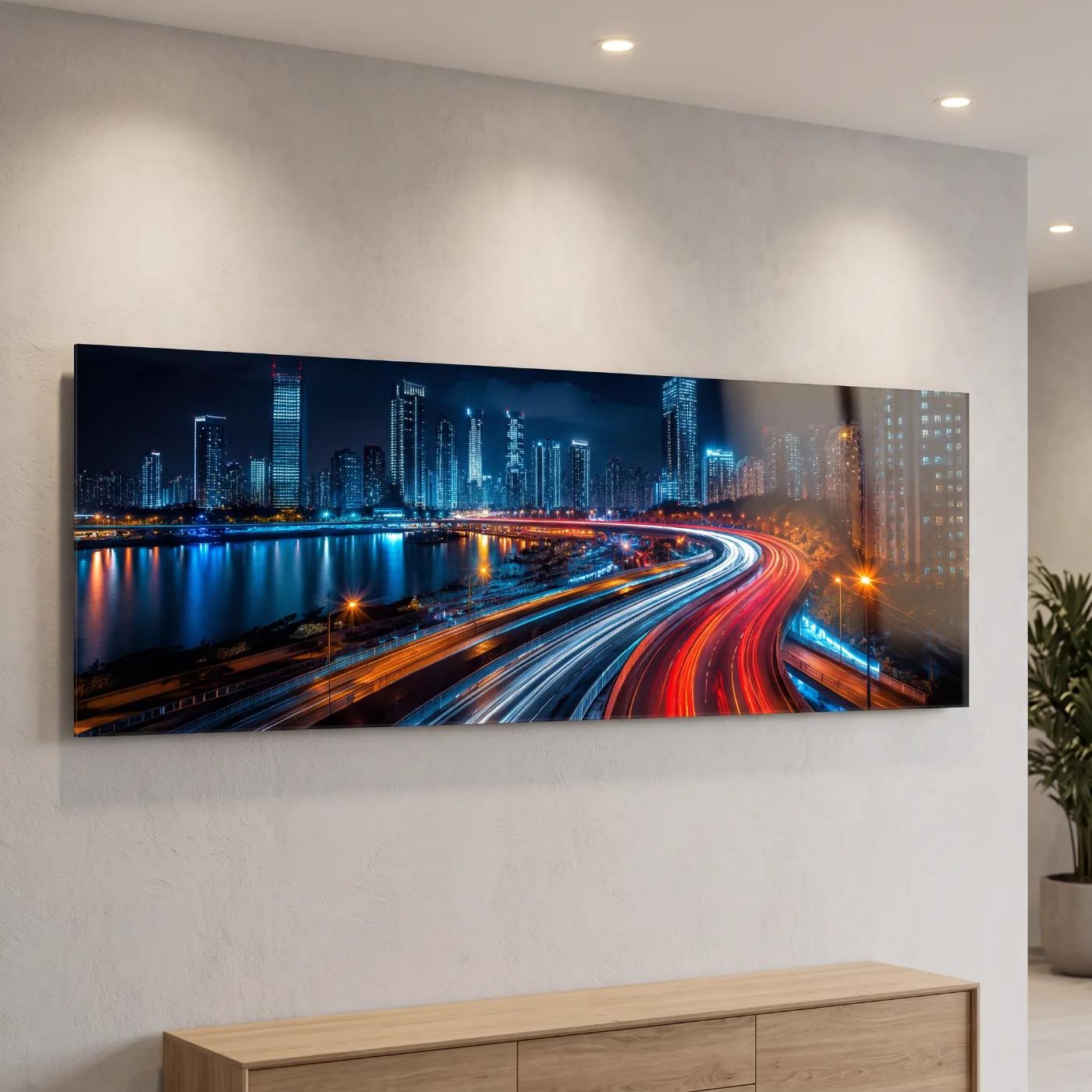City Skyline Wall Art Night Light Trails | Glass Wall Art