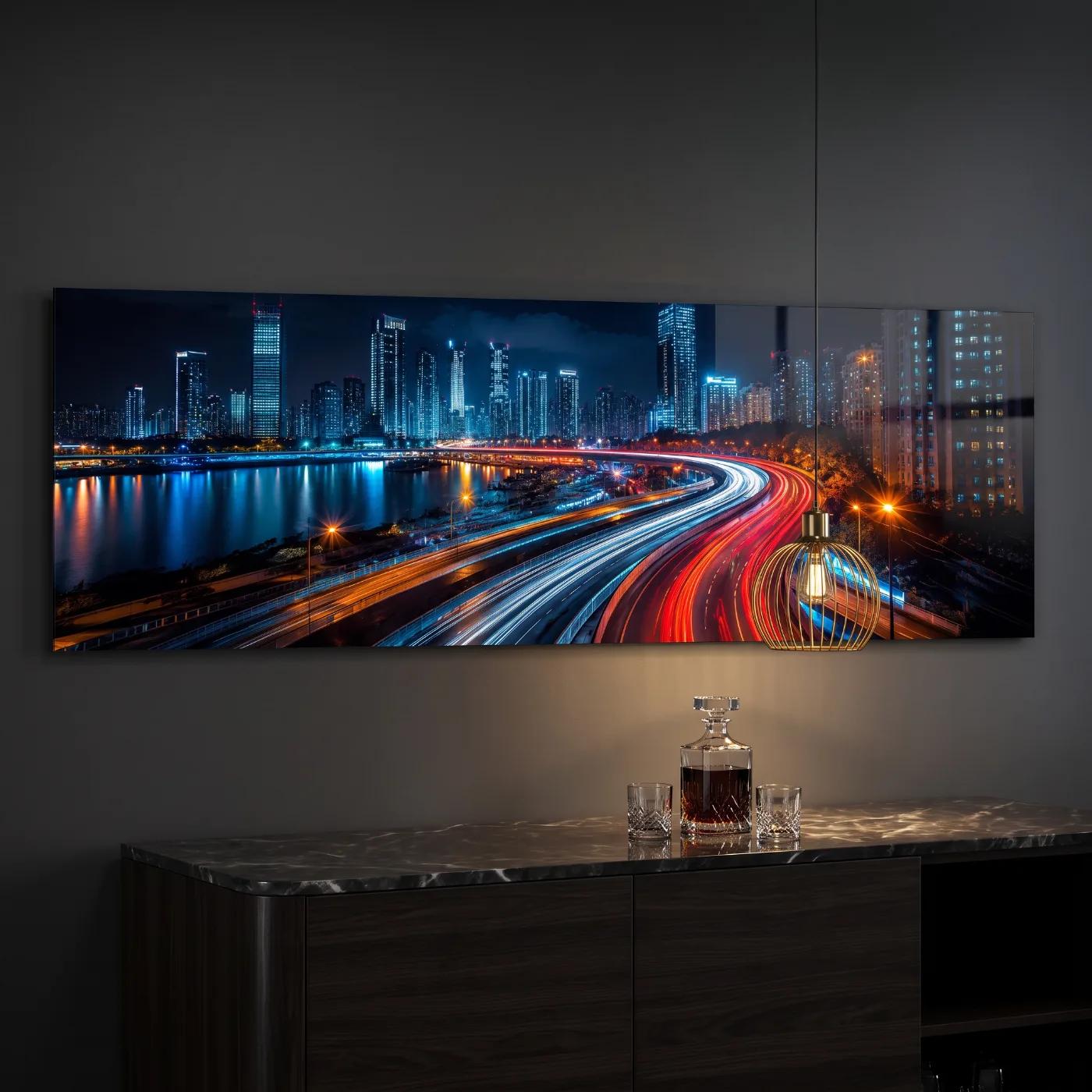 City Skyline Wall Art Night Light Trails | Glass Wall Art — 3