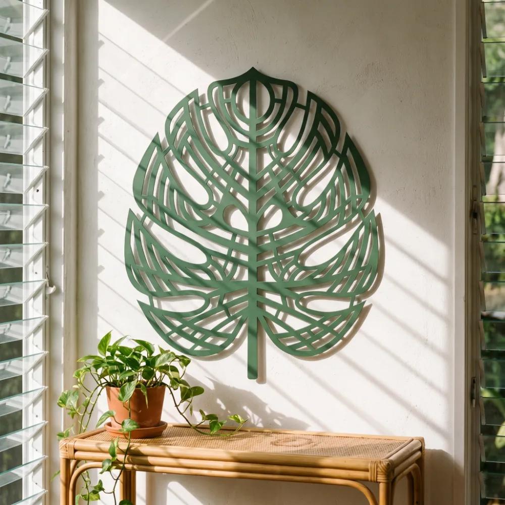 Monstera Leaf Metal Wall Art – Verde Silhouette, Living Room Decor