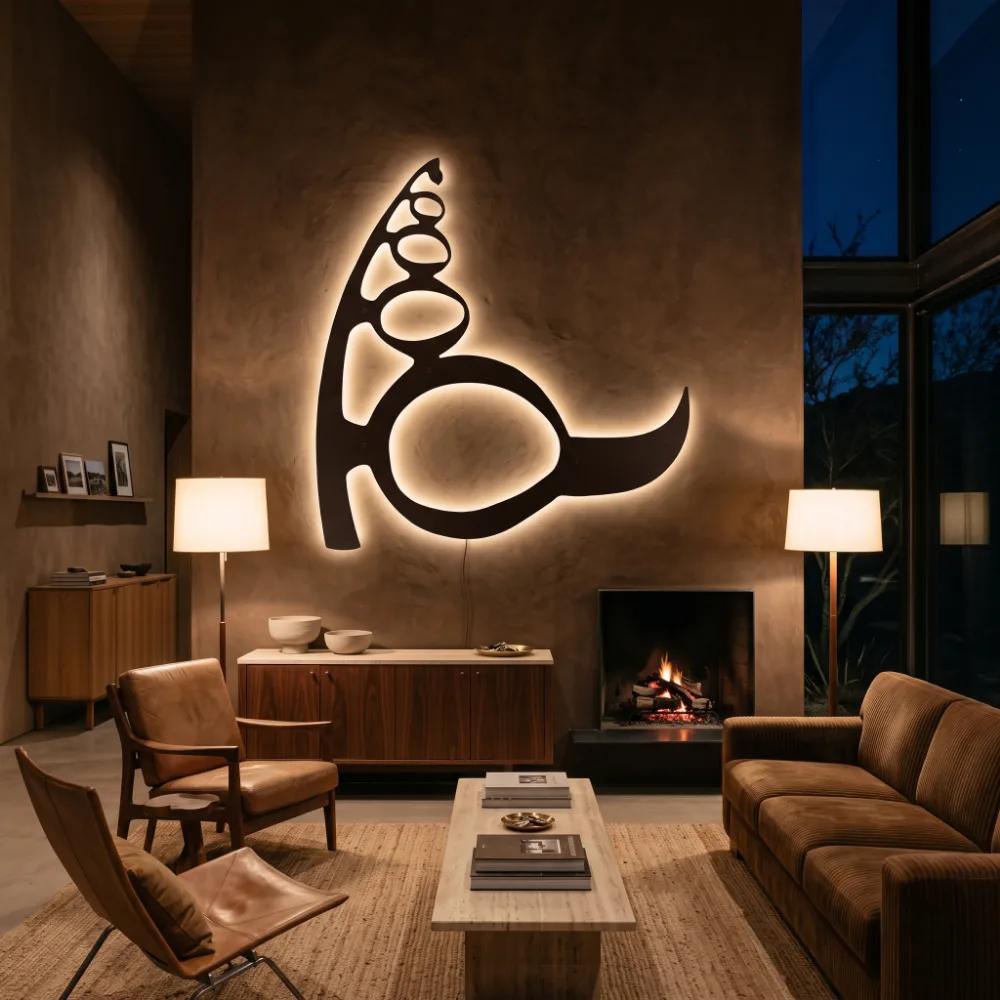 Abstract Calligraphy Metal Wall Art – Ink Cadence, LED Backlit Living Room Decor