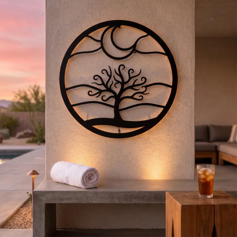 Tree of Life Metal Circle Wall Art – Midnight Grove, Moon Landscape Living Room Decor