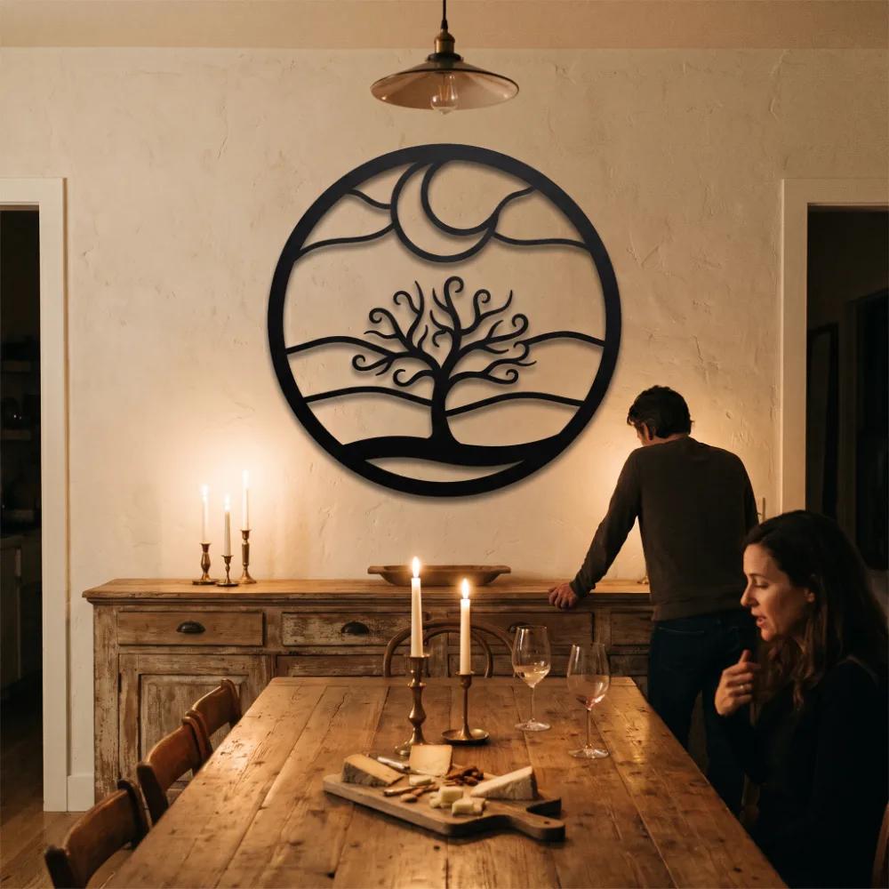 Tree of Life Metal Circle Wall Art – Midnight Grove, Moon Landscape Living Room Decor — 5